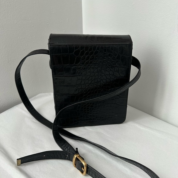 Vintage Black Purse Leather Alligator Skin Embossed Crossbody Shoulder Gold - Picture 5 of 13